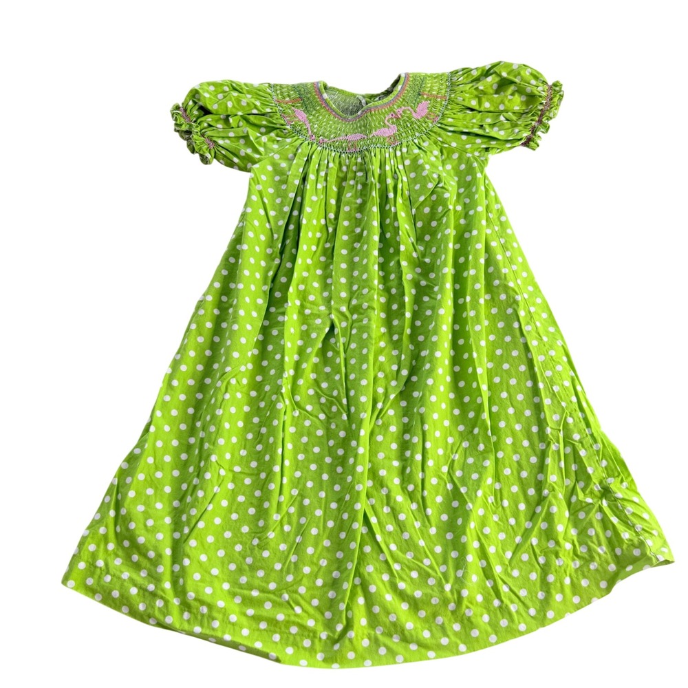 Mom & Me Smocked Dress Girls Size 5 Lime Green Polka Dot Flamingo Embroidery